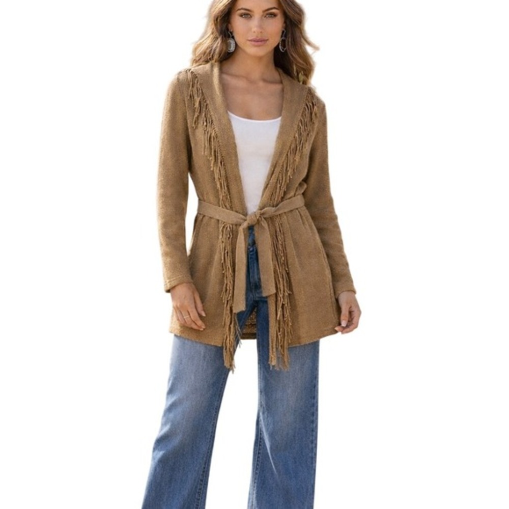 J. Jill Boho Western Fringed Cardigan Sweater Women SMALL Petite Tan Waffle Knit